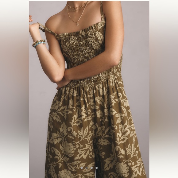 Anthropologie Pilcro Smocked Printed Linen Jumpsuit in Moss - Picture 4 of 9